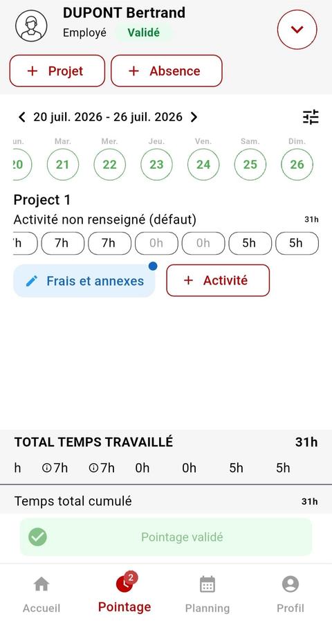 Fiche de pointage validée affichant le samedi et le dimanche renseignés